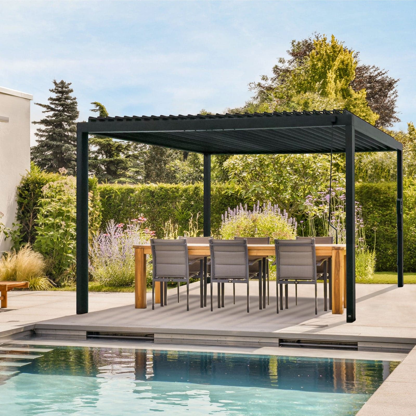 Pergola Napa 10×10 — cèdre massif noir mat — inspiration 2